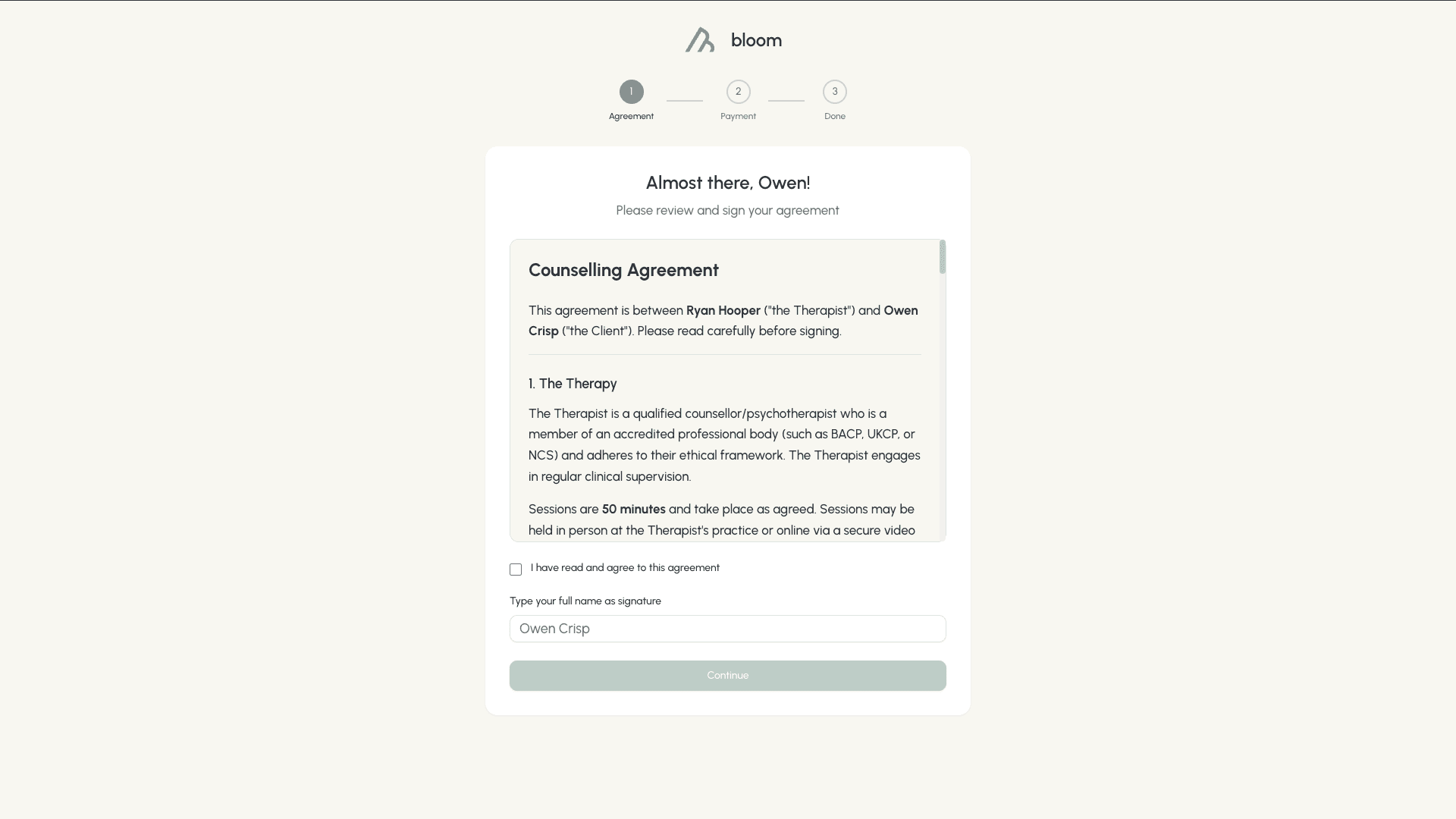 Bloom client agreement and document workflow