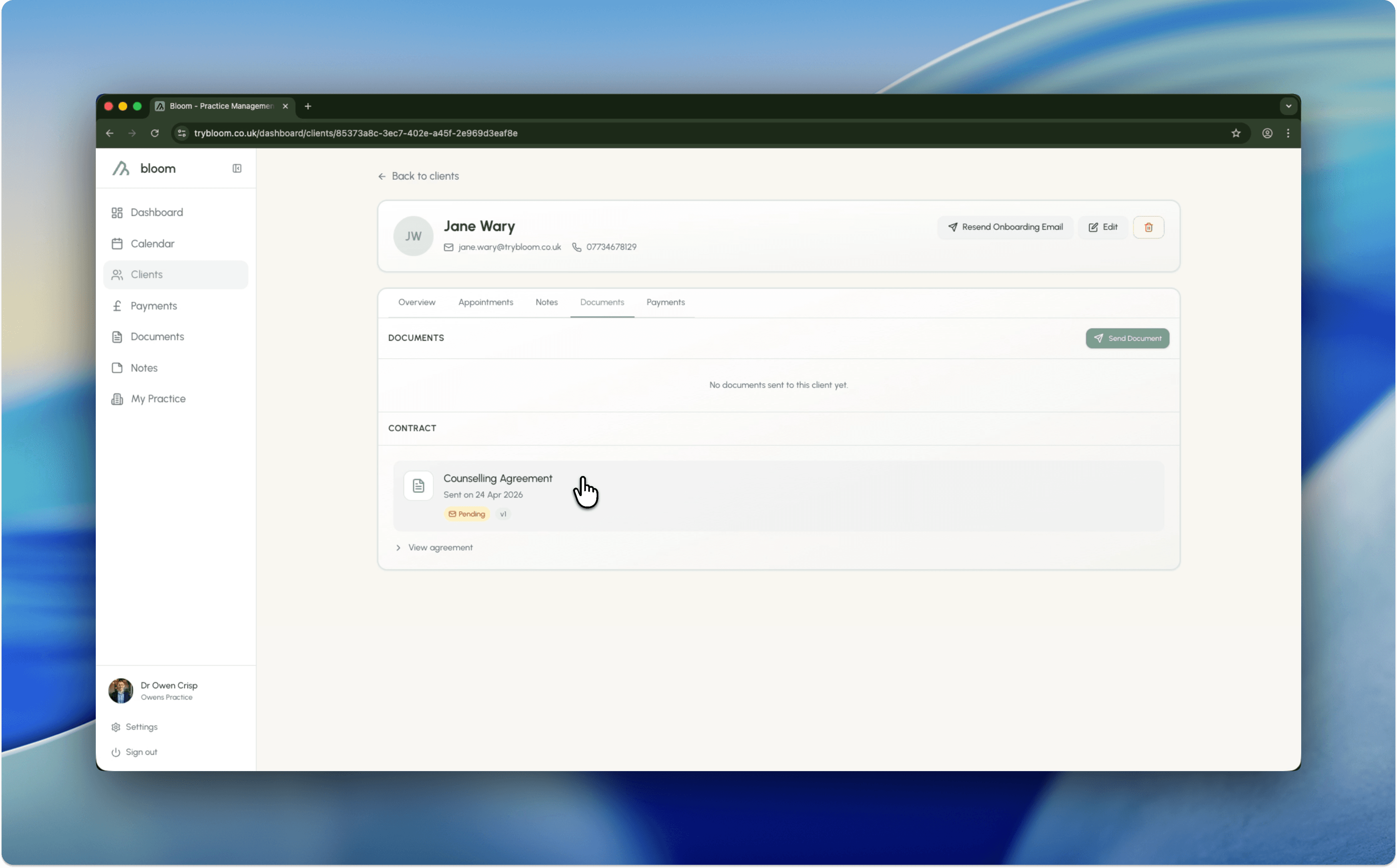 Client profile documents tab showing counselling agreement status