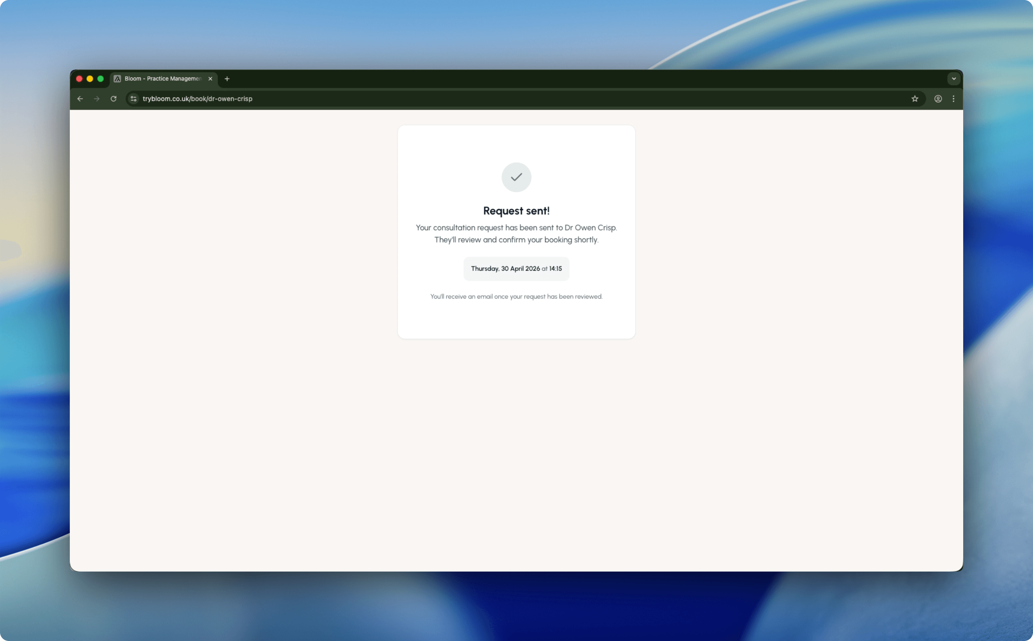 Client booking request confirmation screen