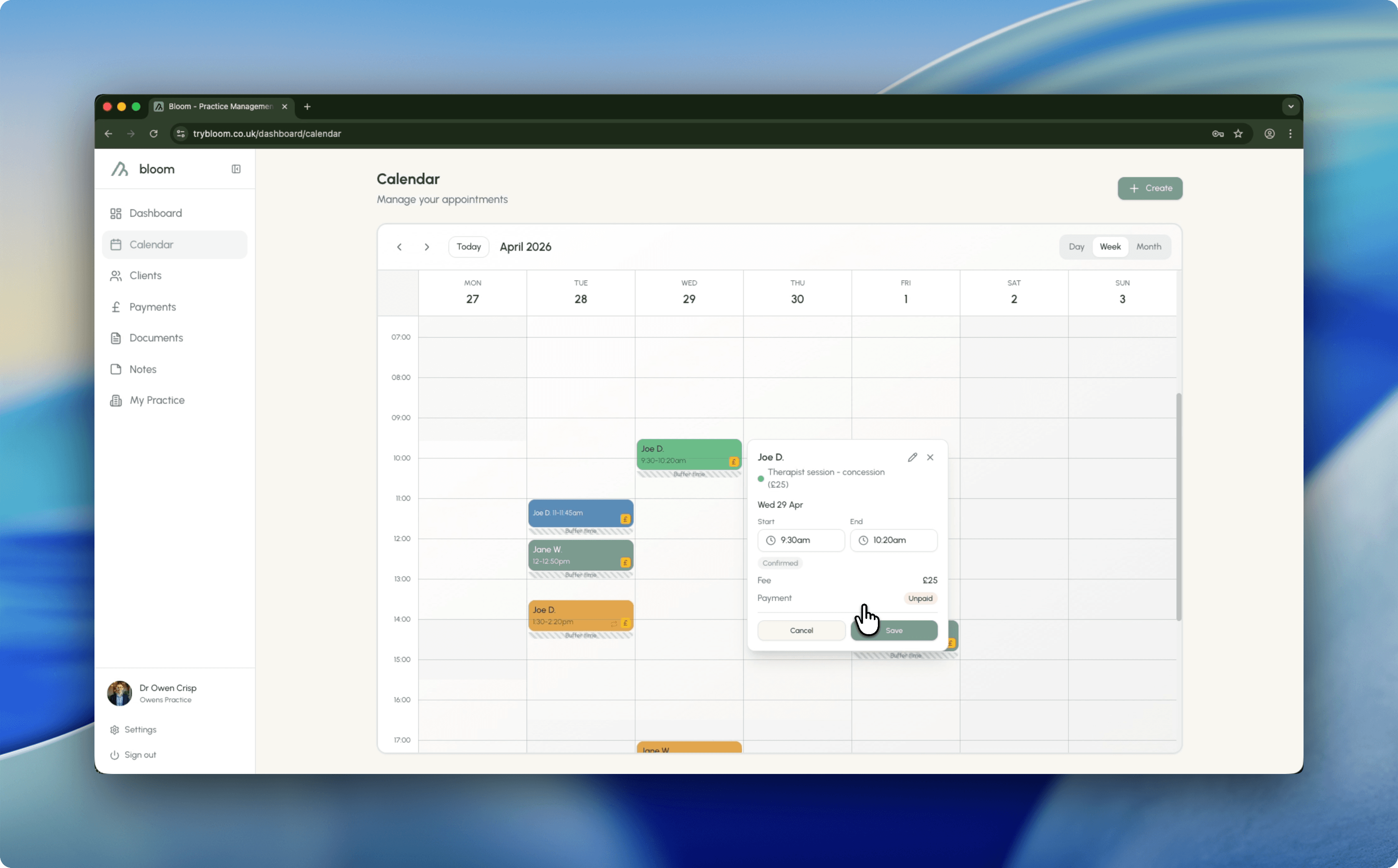 Bloom calendar view with appointment edit panel open