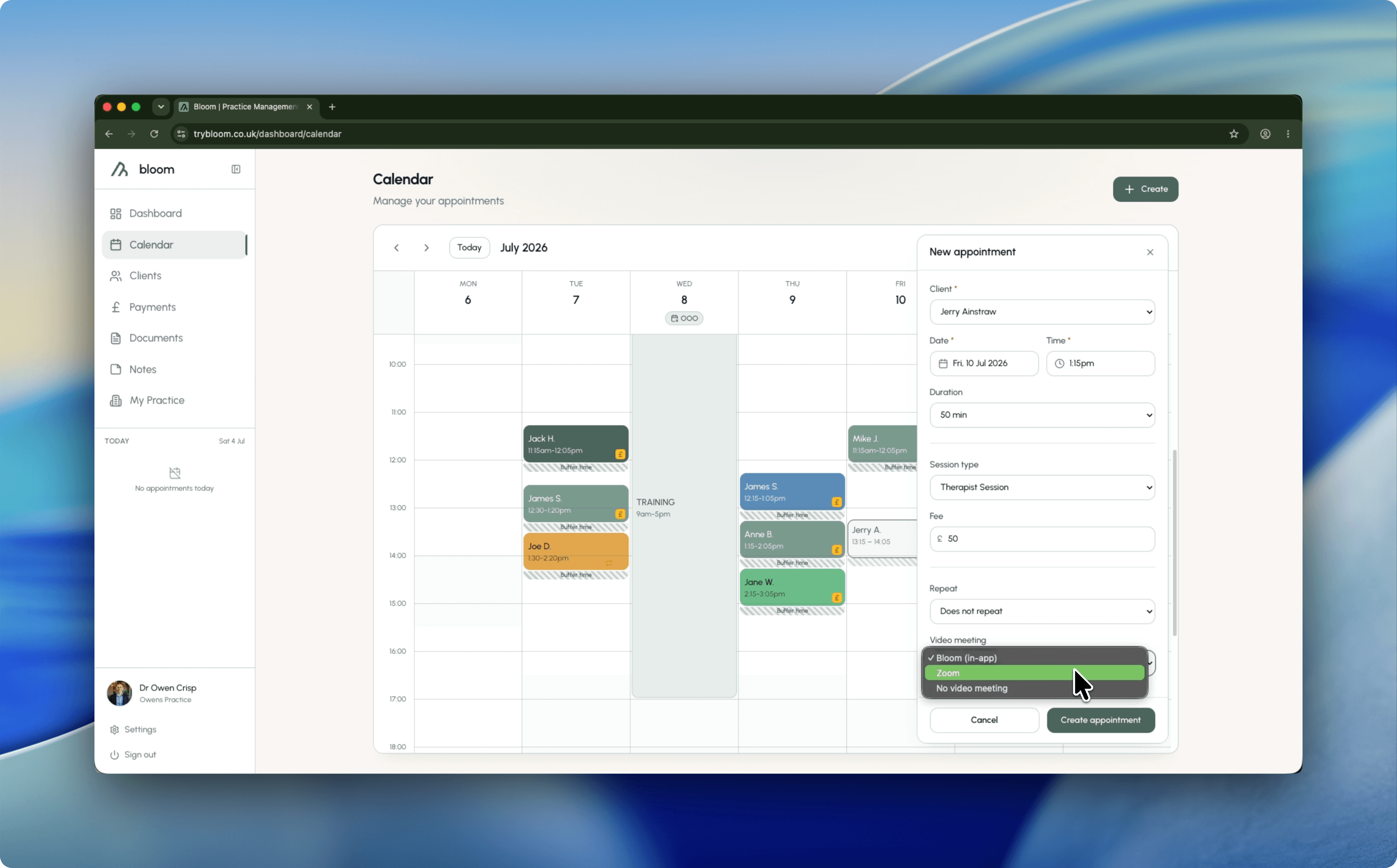 Bloom calendar view with a new appointment panel showing Bloom in-app video meeting options