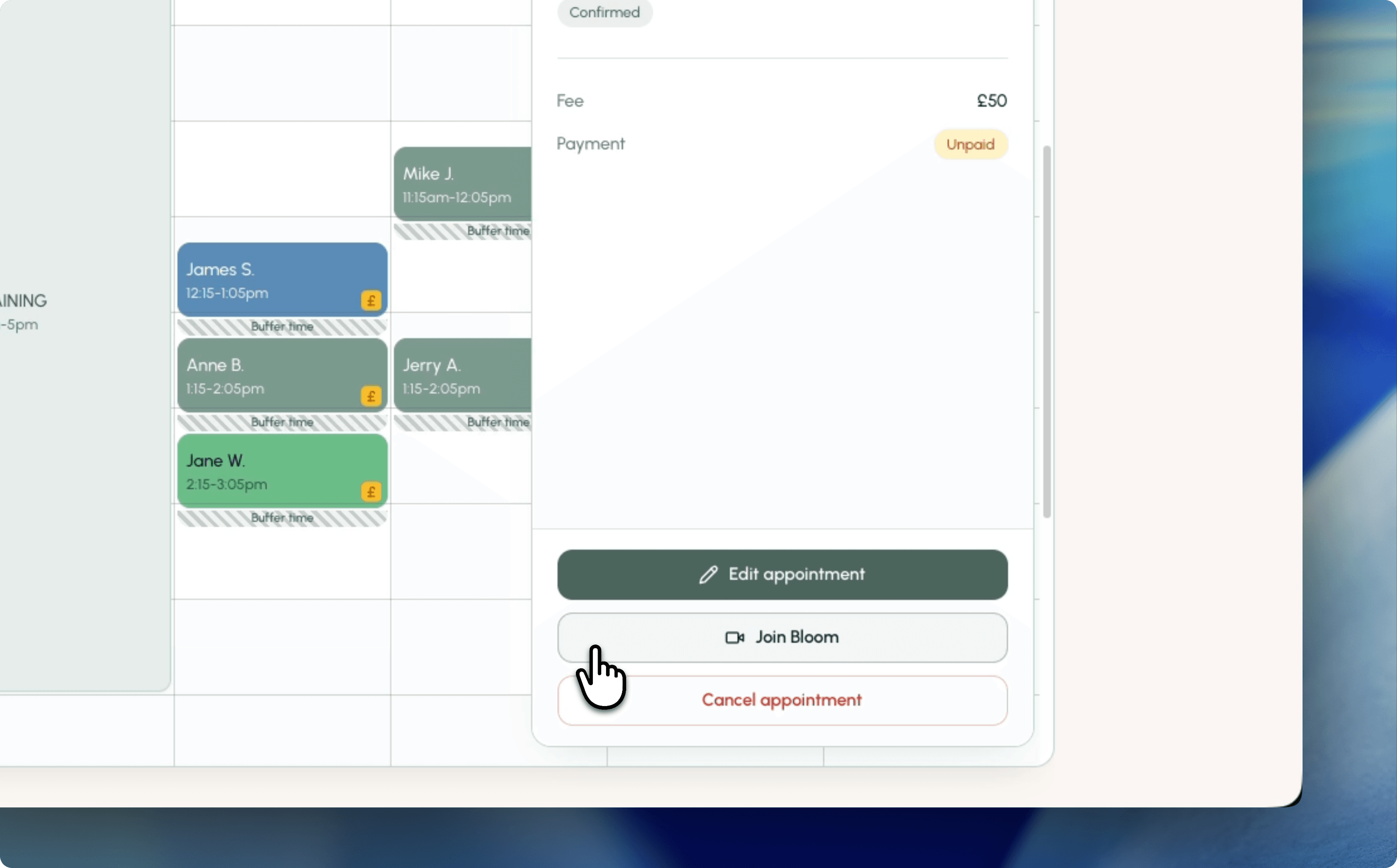 Bloom appointment details panel with a Join Bloom button for starting a video session