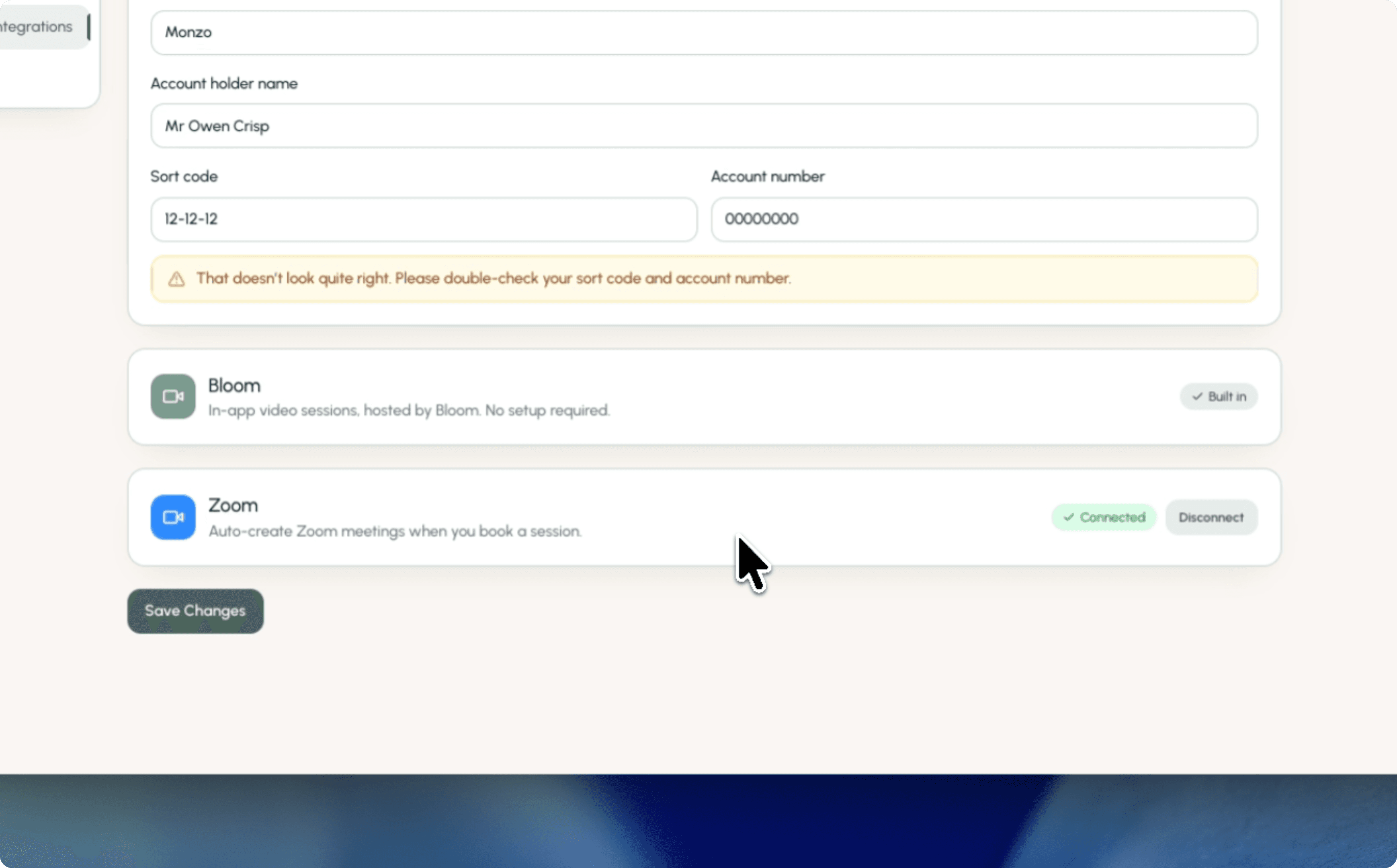 Bloom integrations settings showing built-in Bloom video and a connected Zoom integration