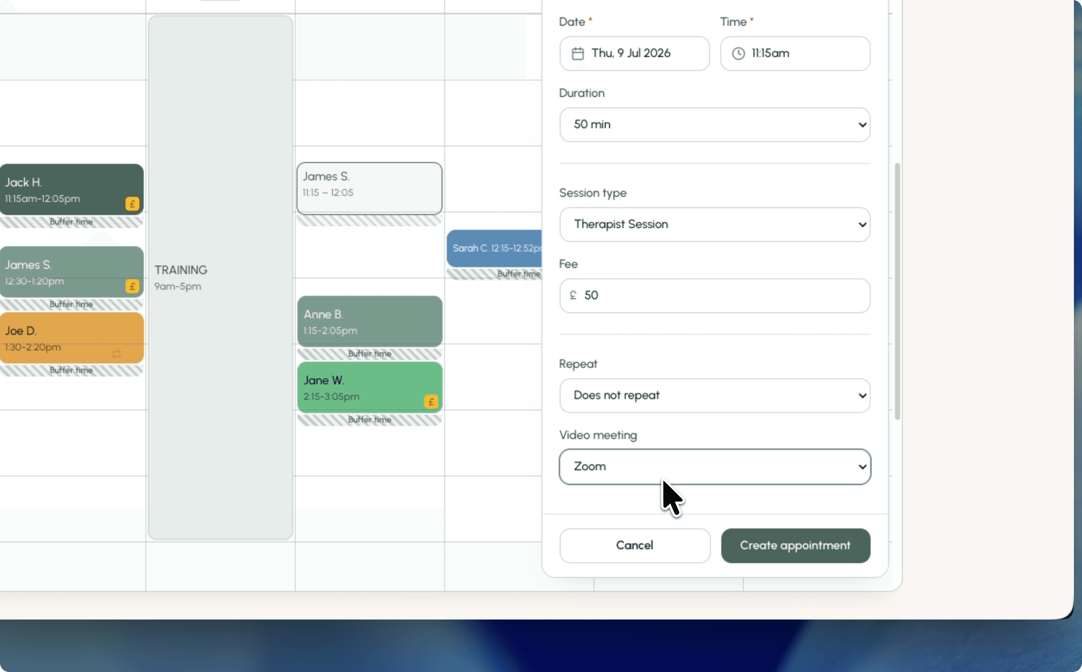 Appointment form in Bloom with Zoom selected as the video meeting option