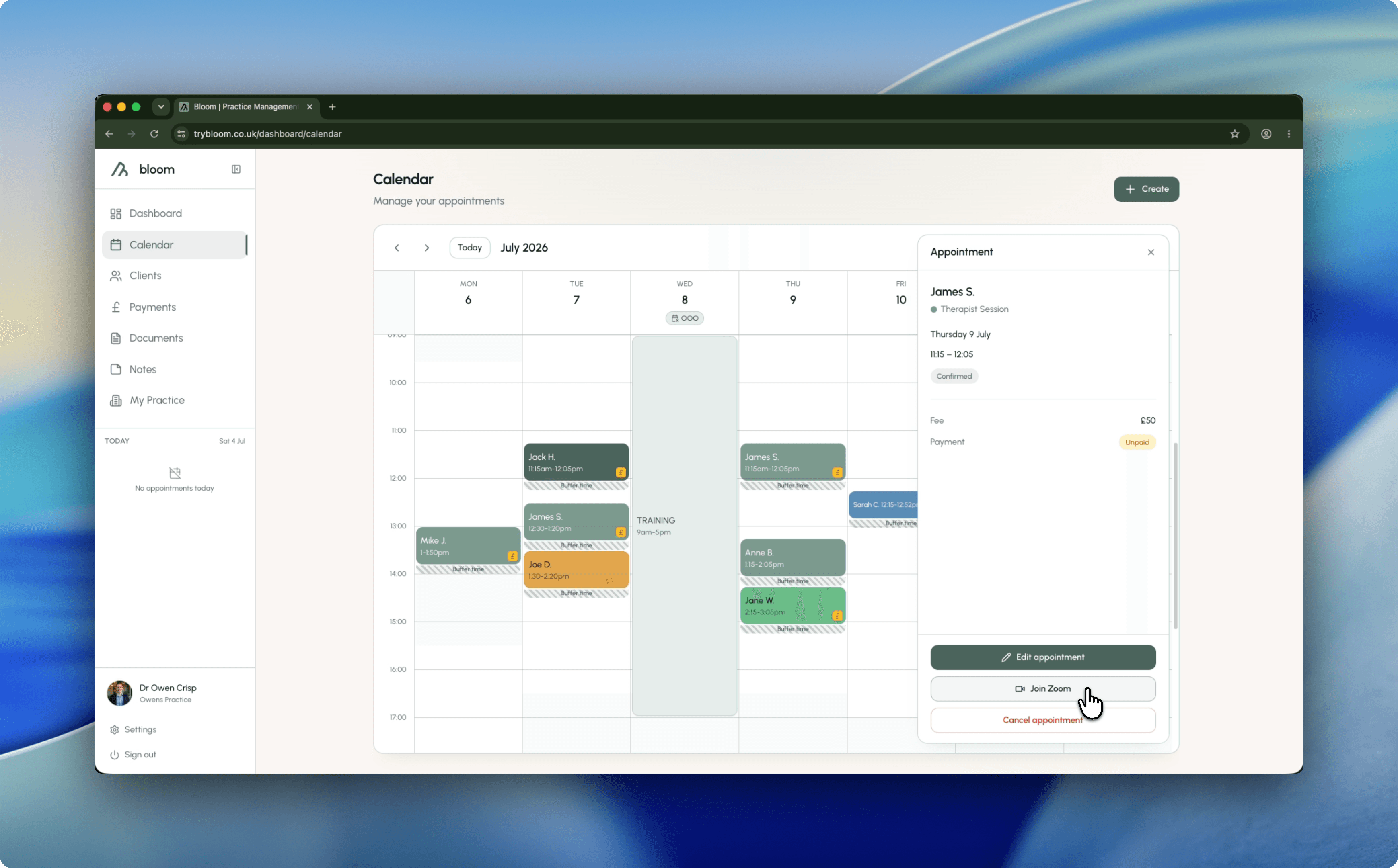 Bloom calendar appointment panel with a Join Zoom button visible in the session details