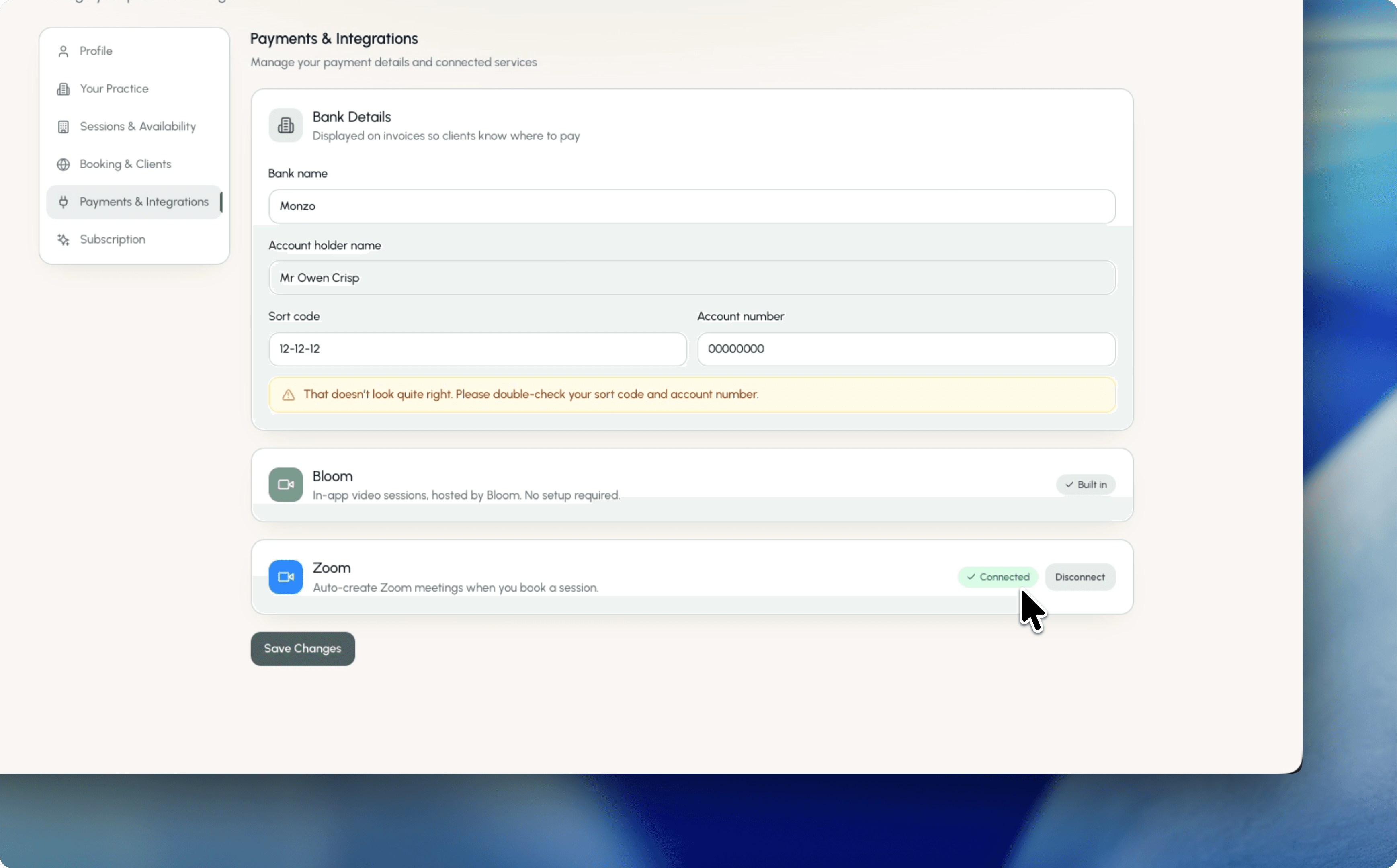 Bloom payments and integrations settings showing a connected Zoom integration
